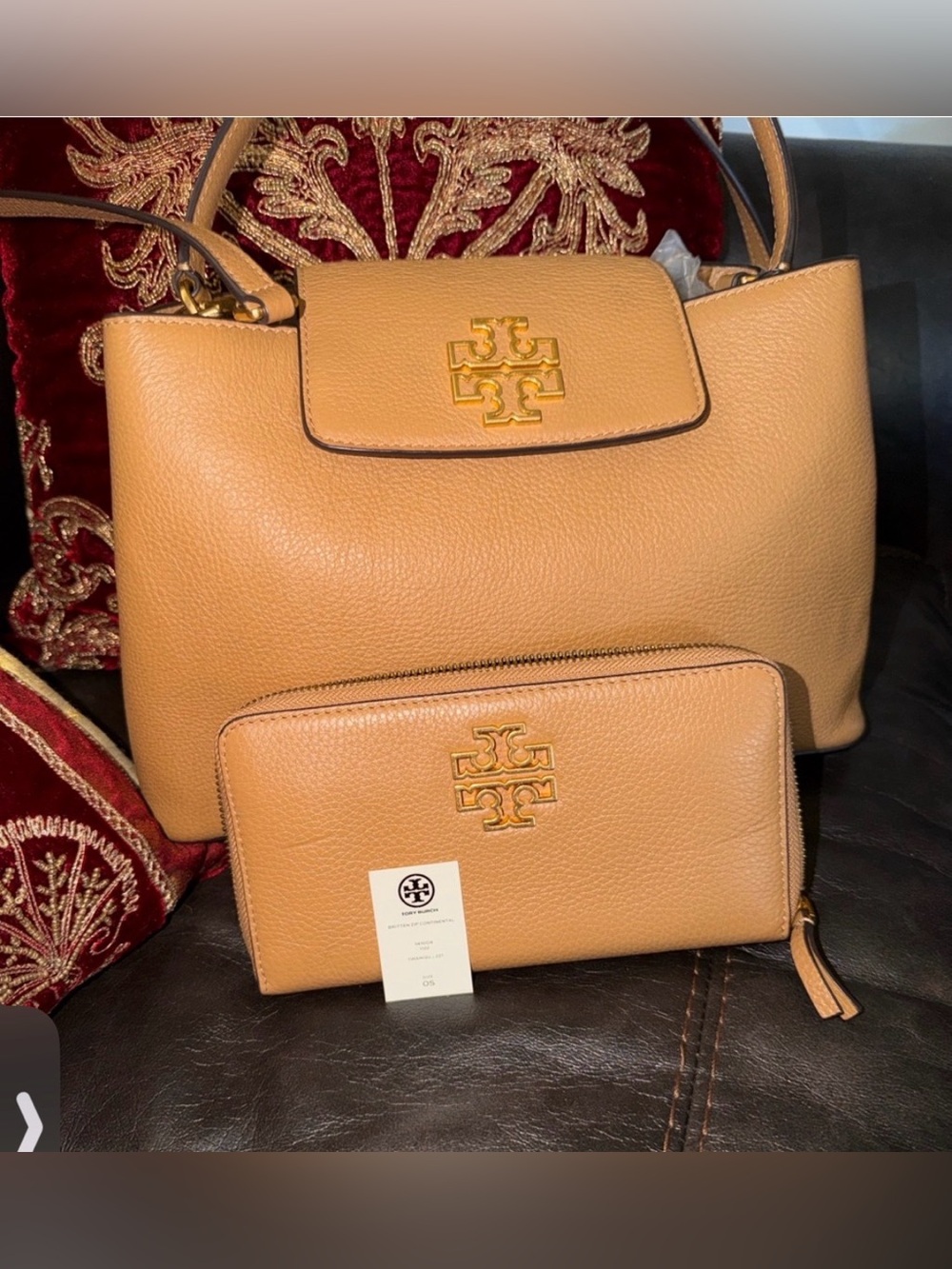Tory Burch Camel/Tan Pebbled Leather Tote with Zip Wallet Britten Collection.